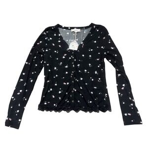 Pink Rose Juniors Black Floral Ribbed Henley Top Large Lace Trim Long Sleeve NWT